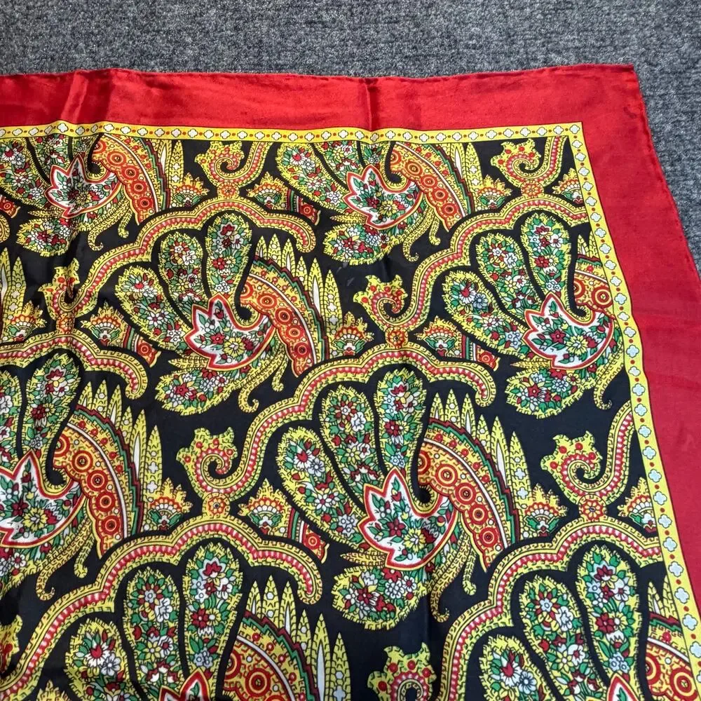 Vintage Echo Silk Scarf Red Border Paisley Square Hand Rolled Wrap Cottagecore